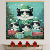 Adorable Christmas Tuxedo Cat Family in Green Santa Hats Surrounded by Gifts and a Festive Tree in a Whimsical Holiday Scene